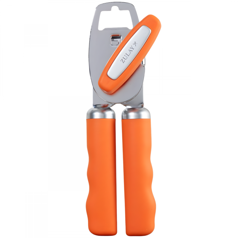 Zulay Kitchen Heavy-Duty Stainless Steel Can Opener w/ Bottle Opener - Soft Grip, Orange